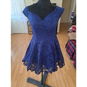 Large Windsor Blue Sweatheart Neck Lace Semi Formal Mini Dress Prom Wedding Part